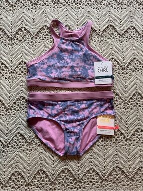 NWT Athleta Girl Pink & Gray Tie-Dye Sports Bikini Set Swimming Suit Two Piece